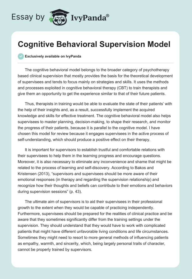Cognitive Behavioral Supervision Model 833 Words Critical Writing