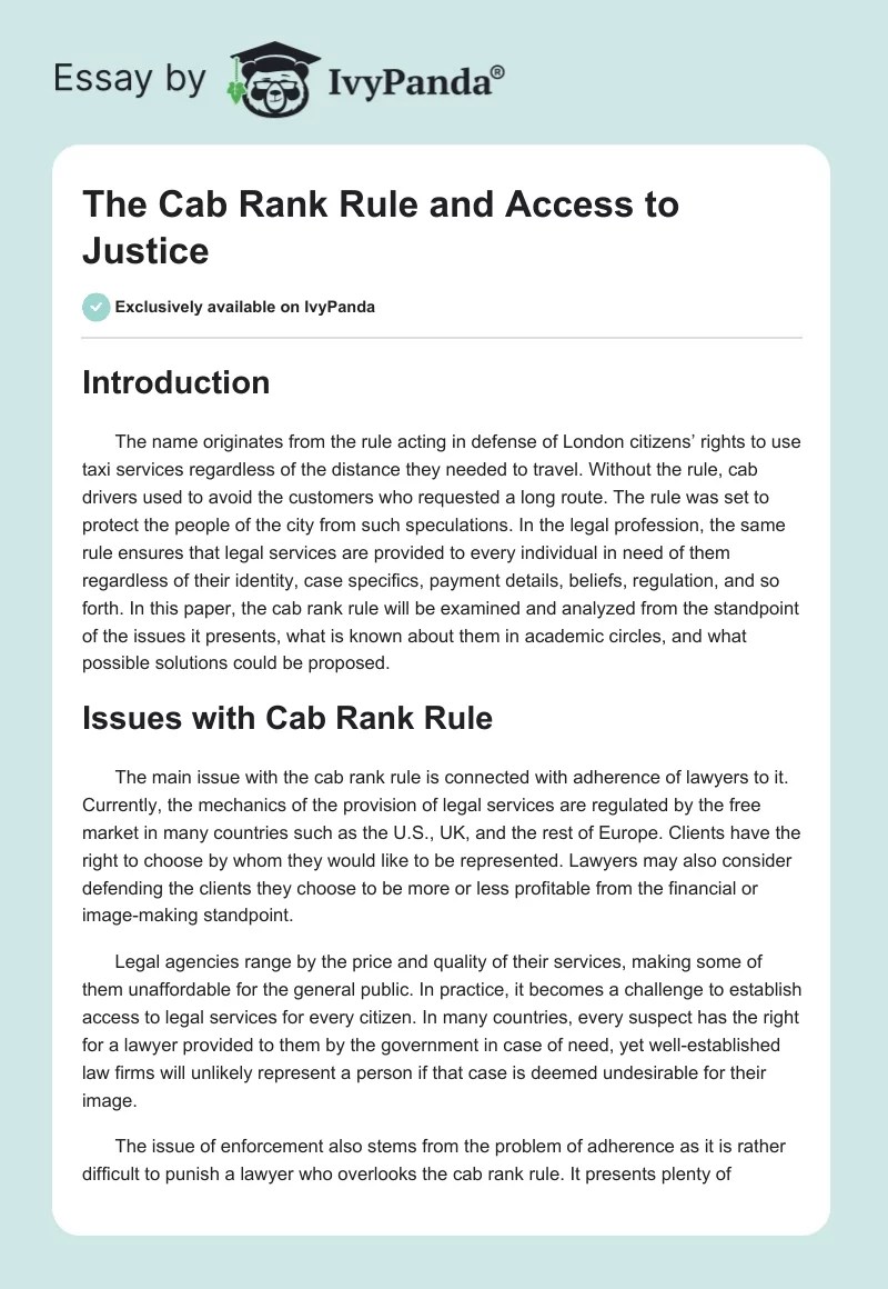 The Cab Rank Rule and Access to Justice 1690 Words Research Paper