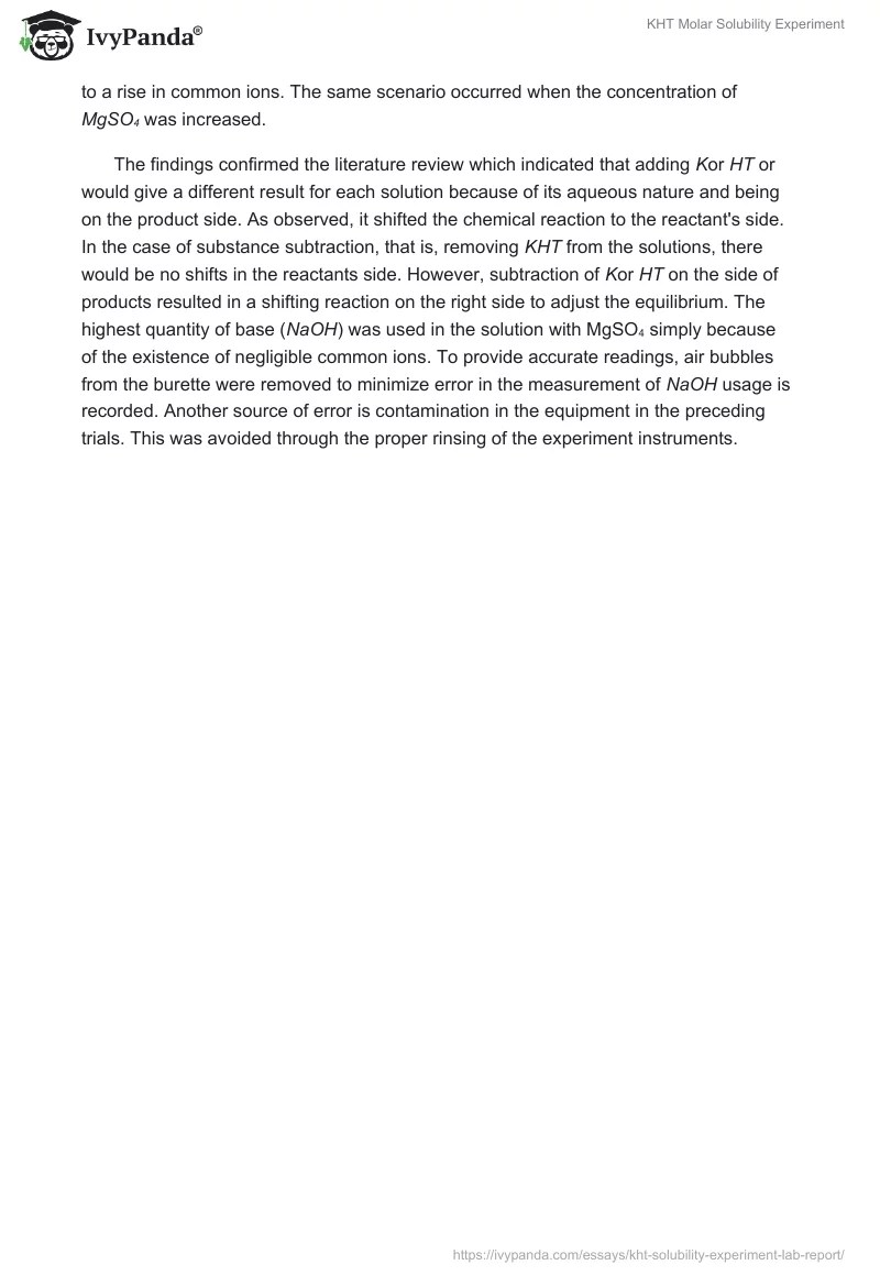 KHT Molar Solubility Experiment 1322 Words Report Example