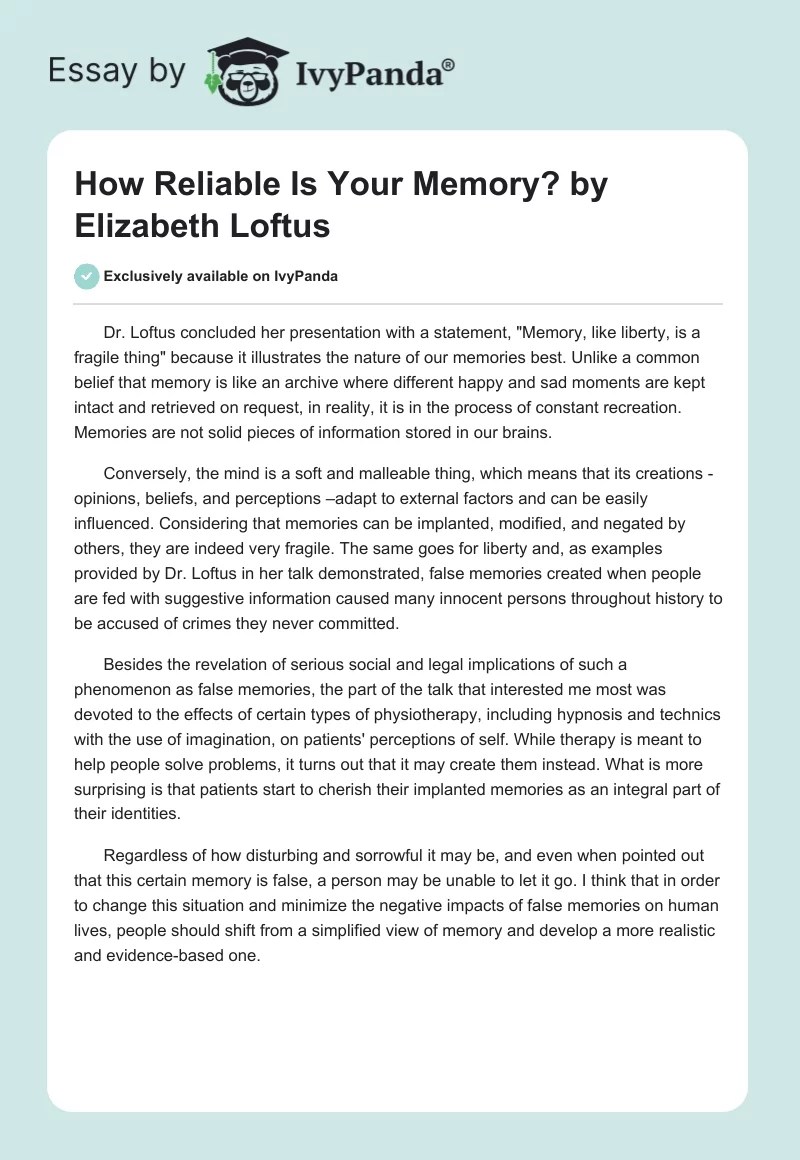 "How Reliable Is Your Memory?" by Elizabeth Loftus 305 Words Essay