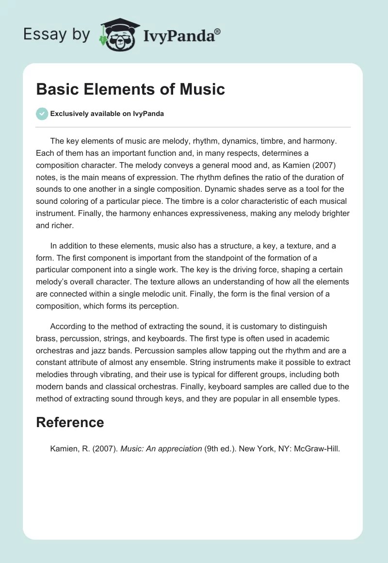 Basic Elements of Music 268 Words Essay Example