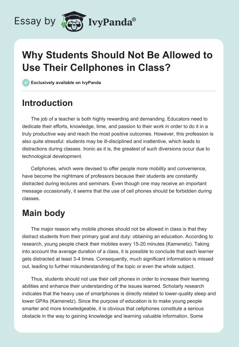 Why Students Should Not to Use Cellphones in Class? 1120 Words
