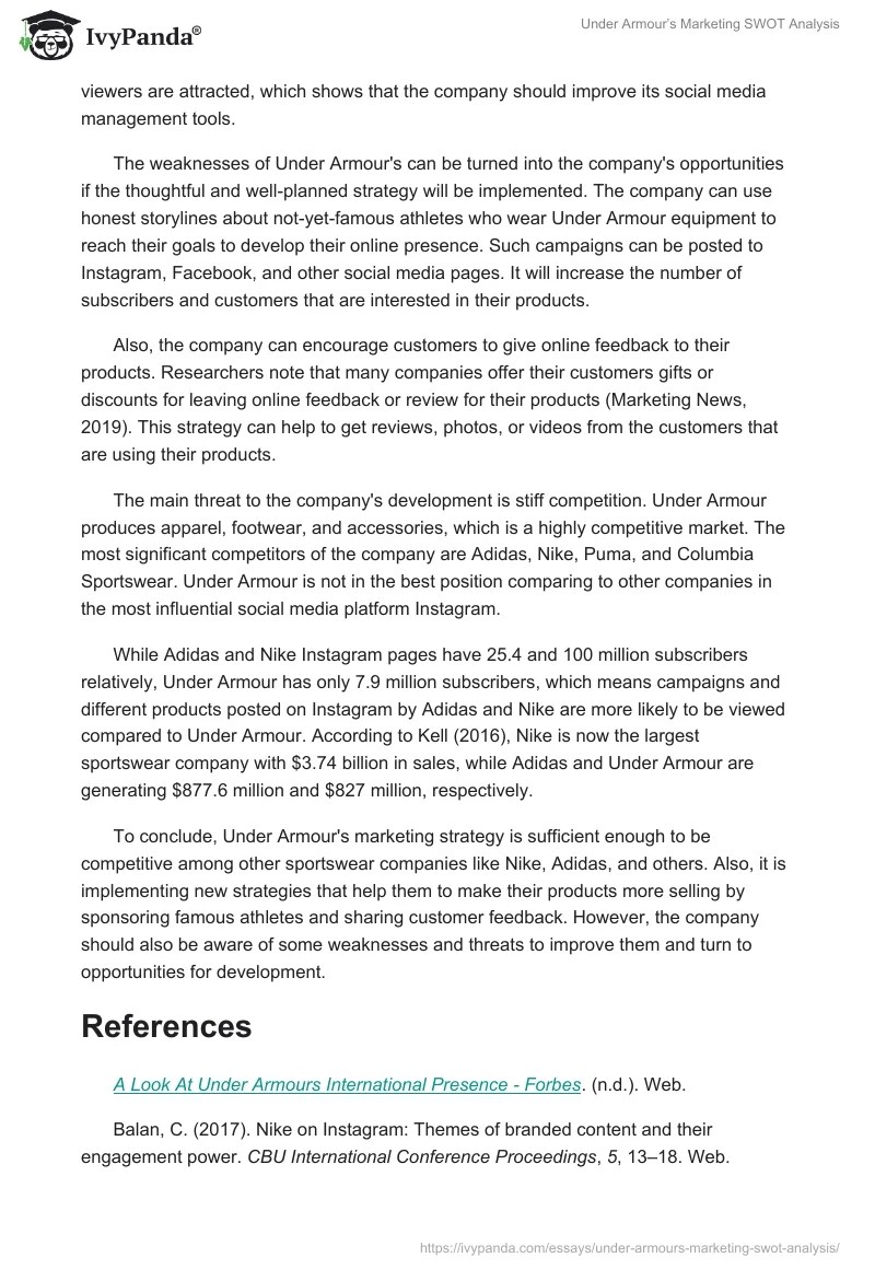 Under Armour's Marketing SWOT Analysis 658 Words Essay Example