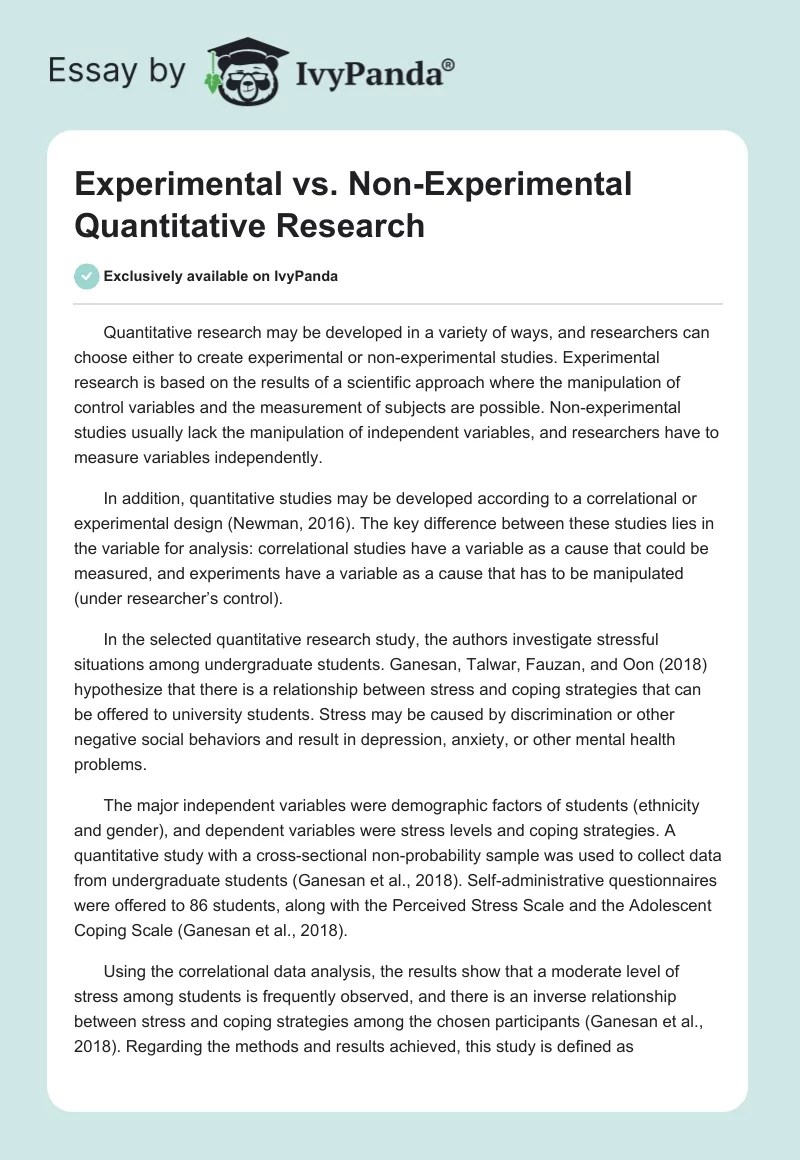 Experimental vs. NonExperimental Quantitative Research 304 Words