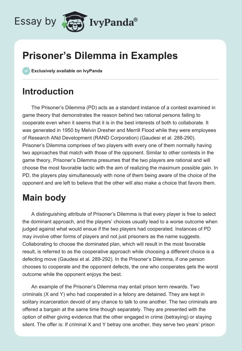 Prisoner's Dilemma in Examples 606 Words Essay Example