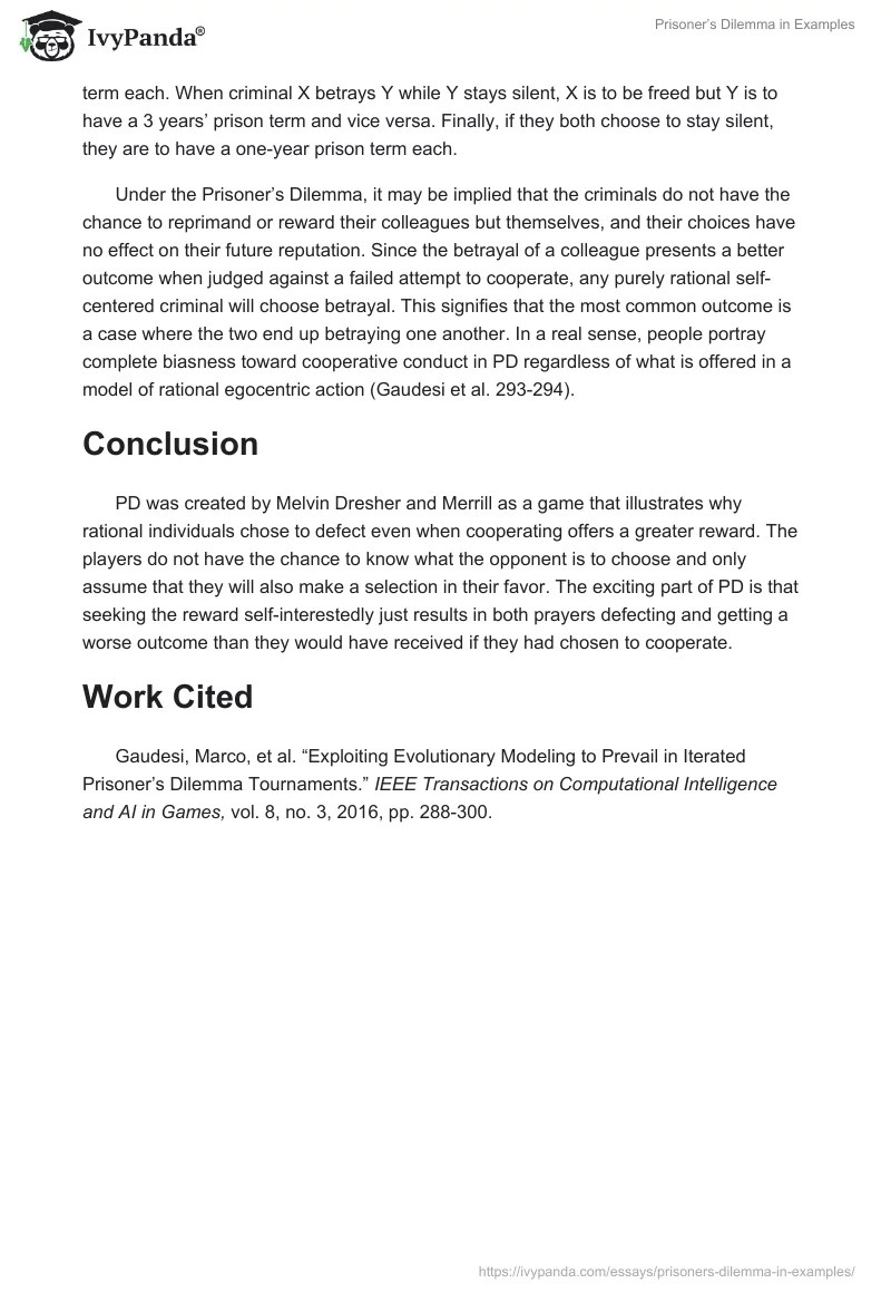 Prisoner's Dilemma in Examples 606 Words Essay Example