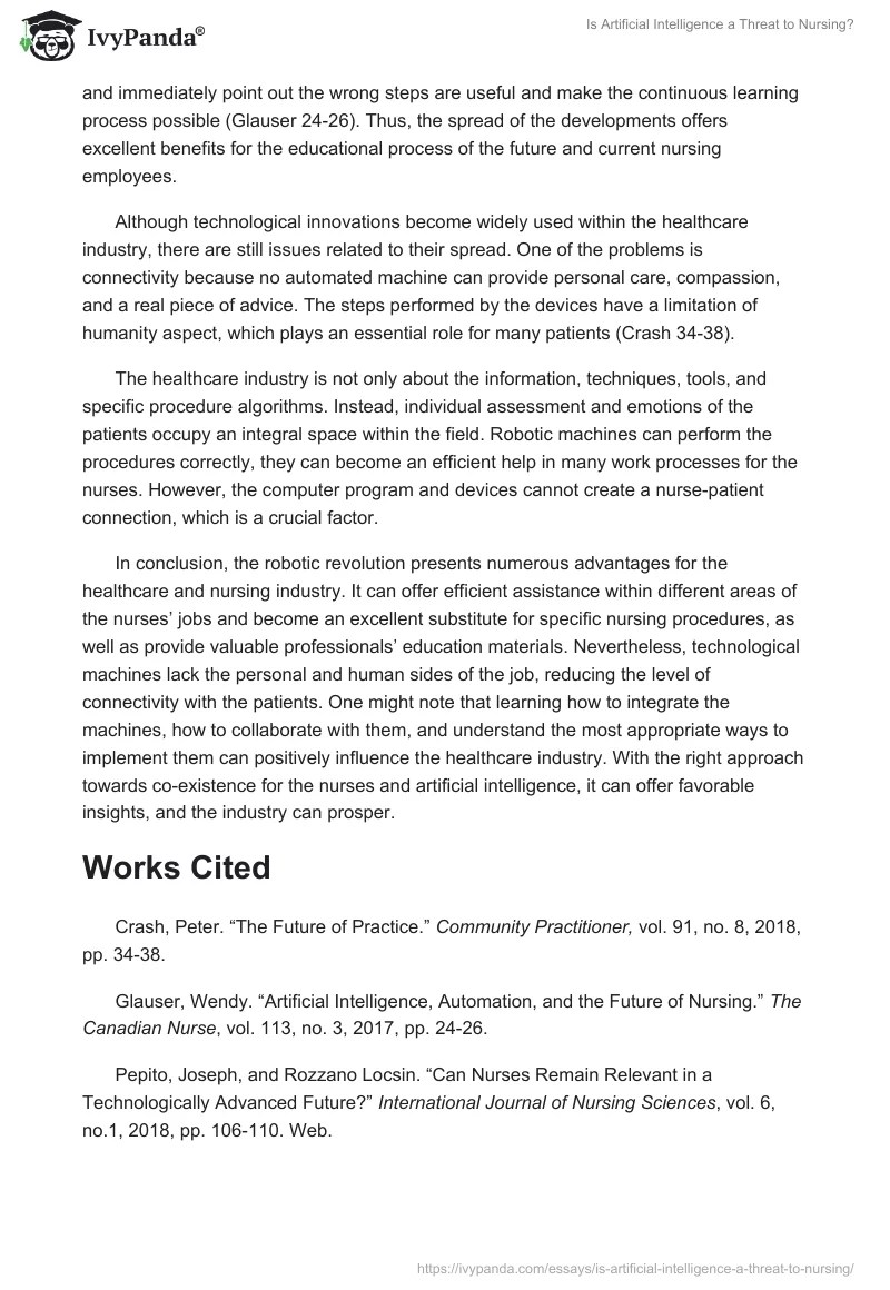 Is Artificial Intelligence a Threat to Nursing? 602 Words Essay Example