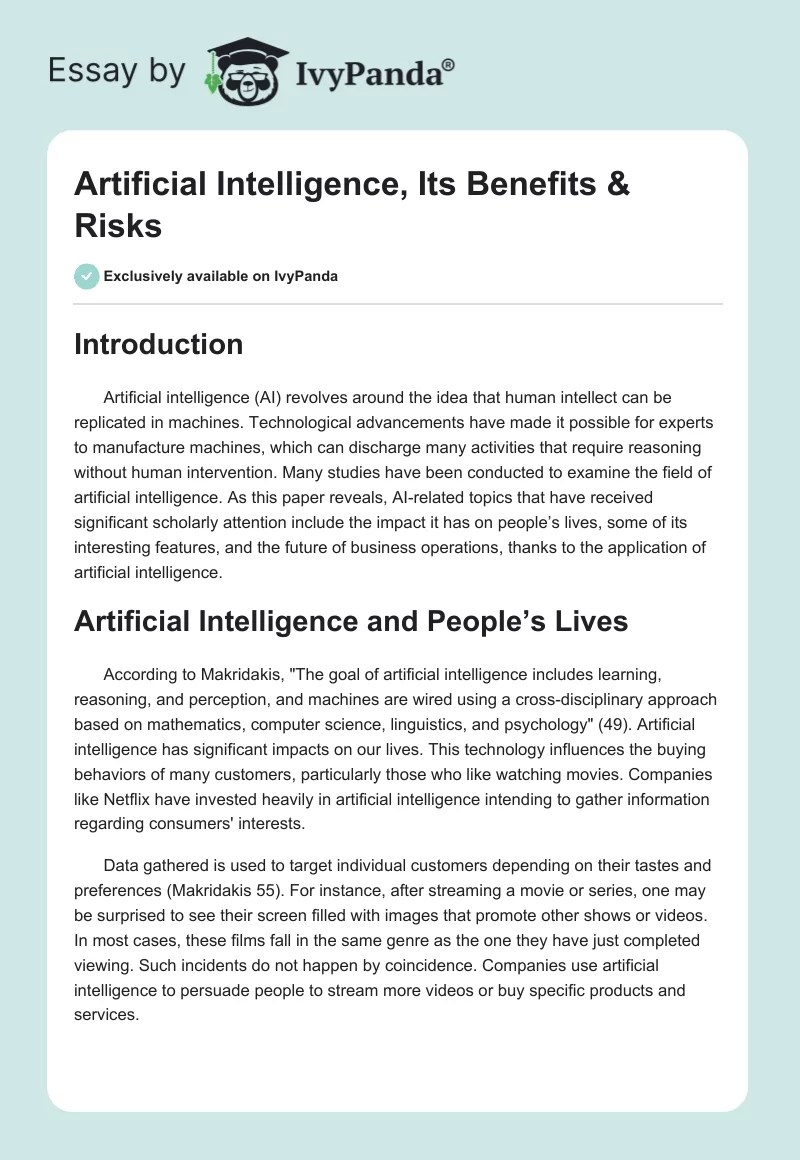 Artificial Intelligence, Its Benefits & Risks 617 Words Essay Example
