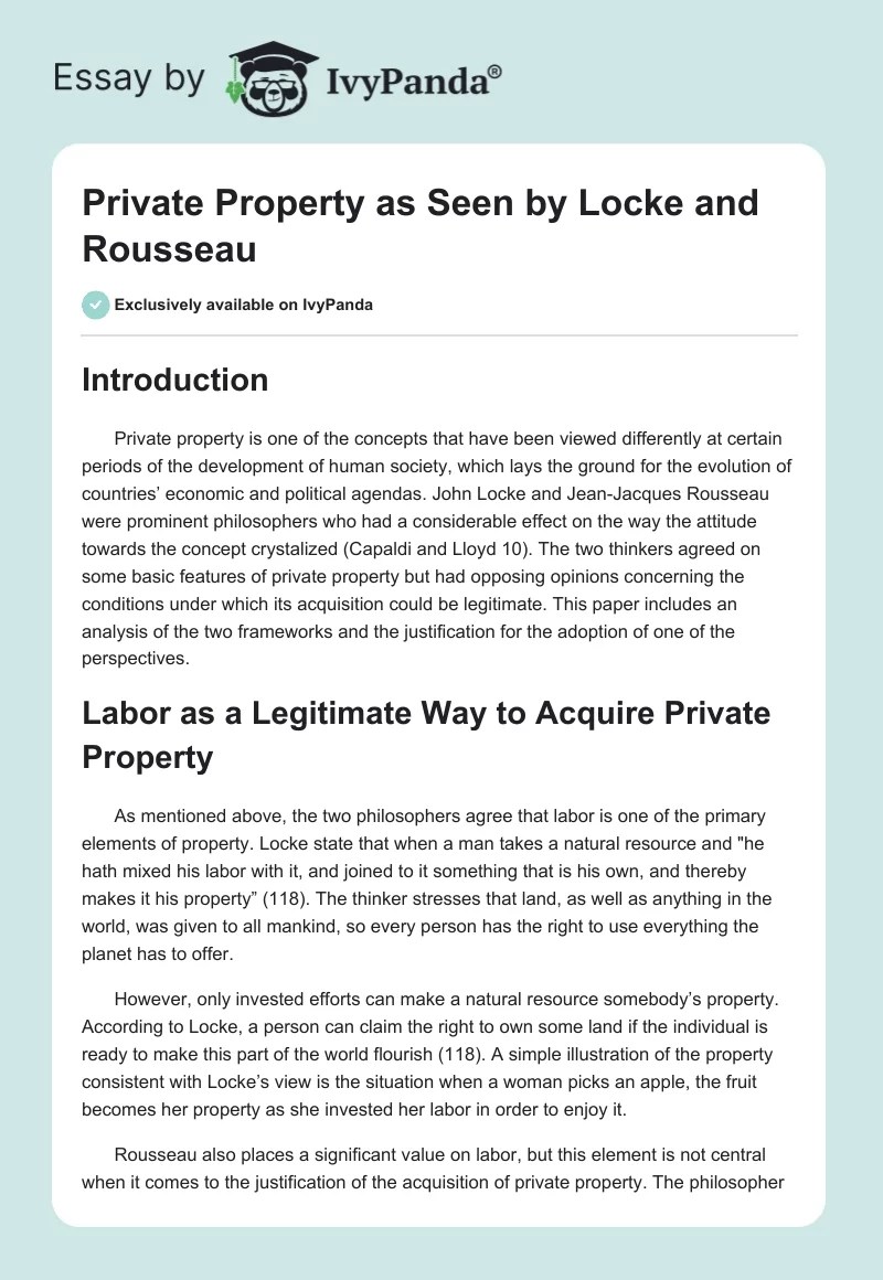 Private Property as Seen by Locke and Rousseau 2205 Words Essay Example