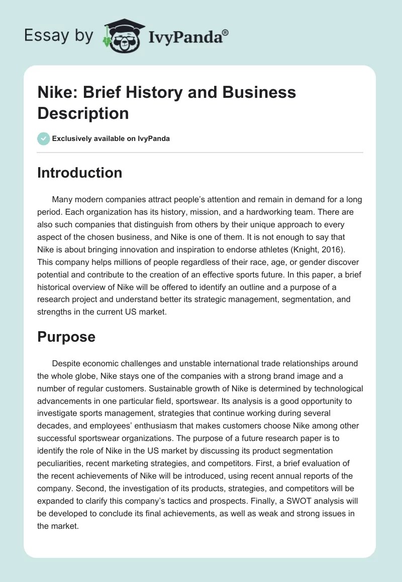 Nike Brief History and Business Description 603 Words Research