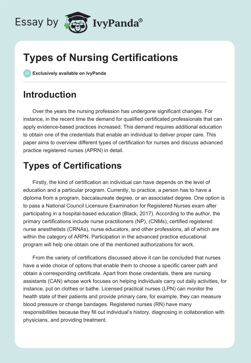 Types of Nursing Certifications 561 Words Essay Example