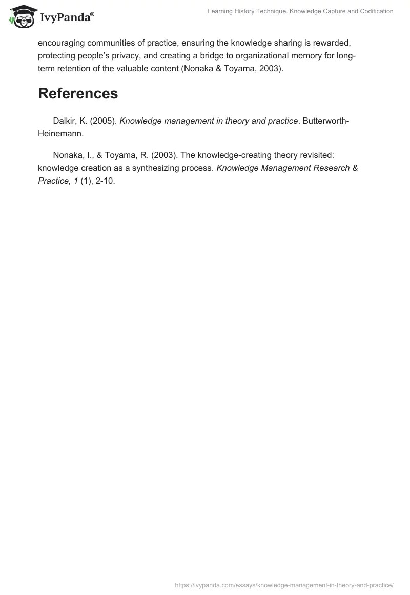 Learning History Technique. Knowledge Capture and Codification 659 Words Case Study Example