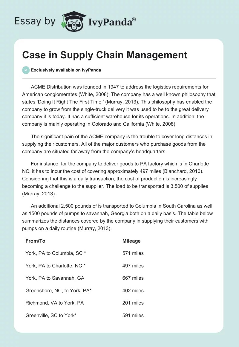 Case in Supply Chain Management 1604 Words Case Study Example