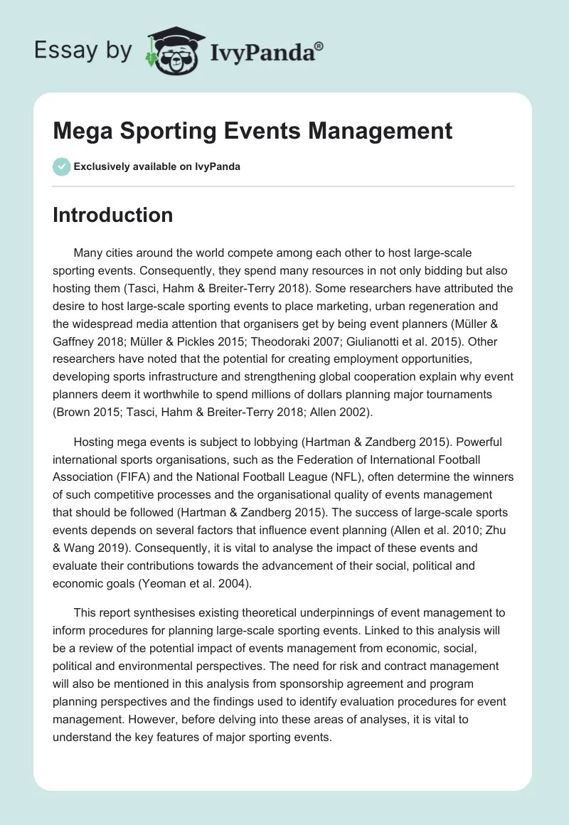 Mega Sporting Events Management 6127 Words Essay Example