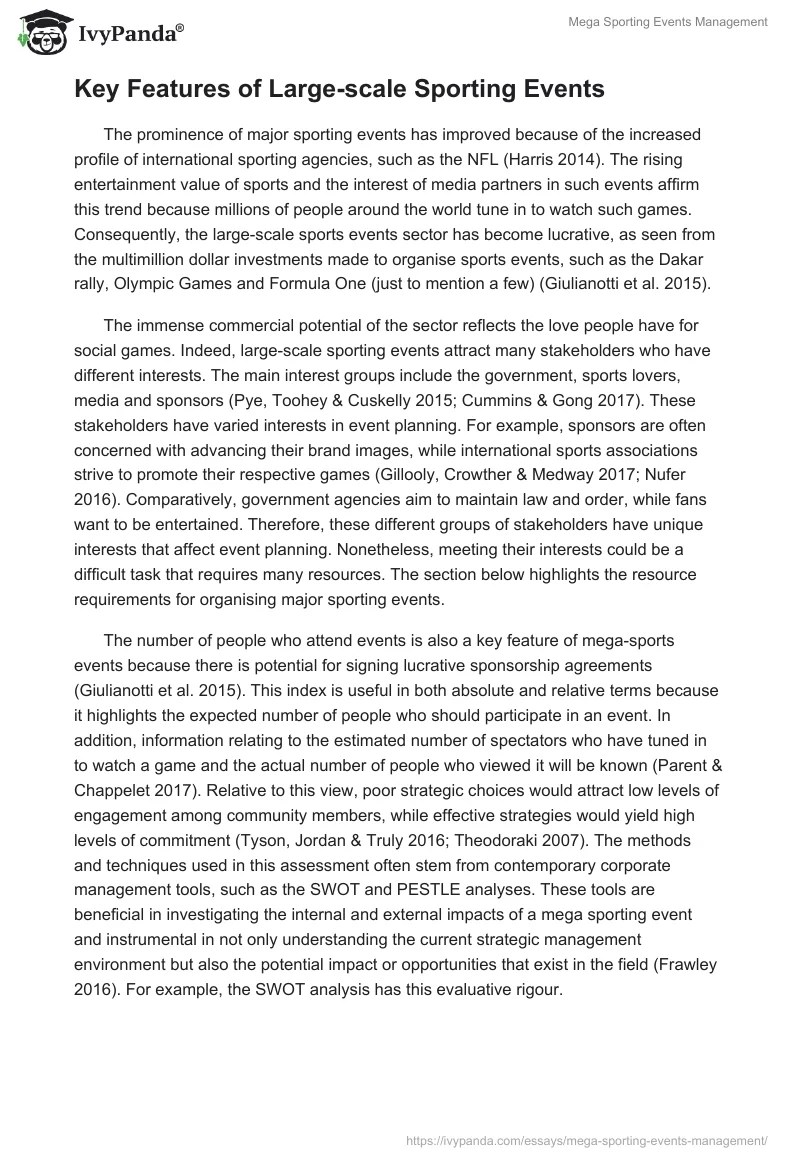 Mega Sporting Events Management 6127 Words Essay Example