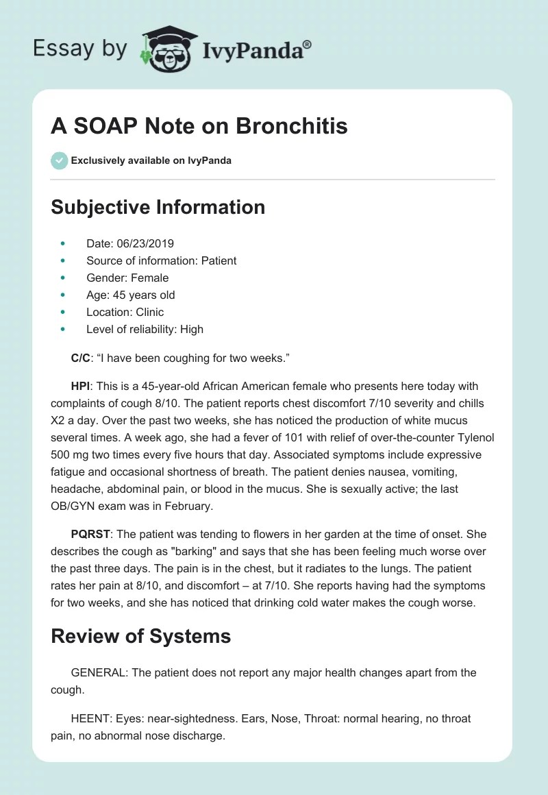 A SOAP Note on Bronchitis 1672 Words Coursework Example