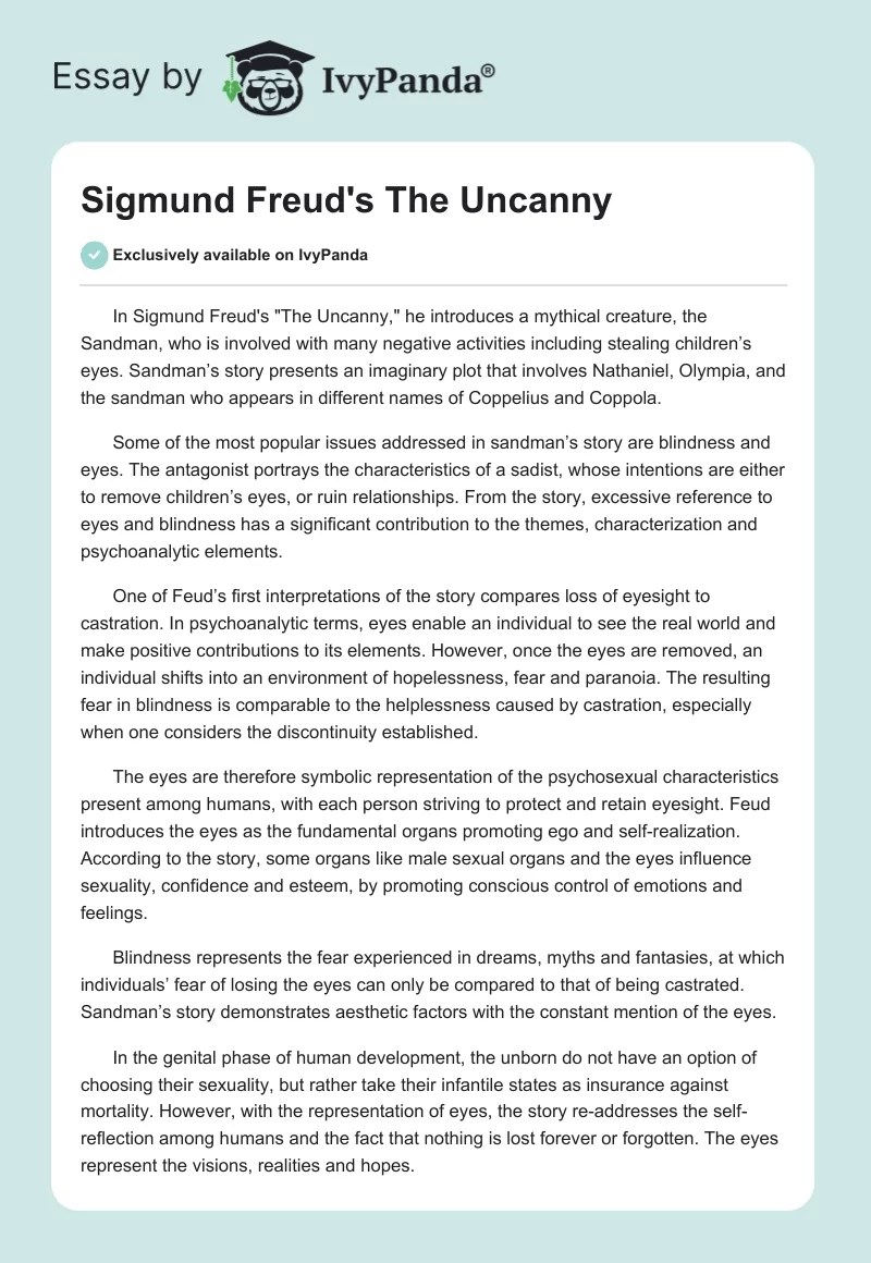 Sigmund Freud's "The Uncanny" 553 Words Essay Example