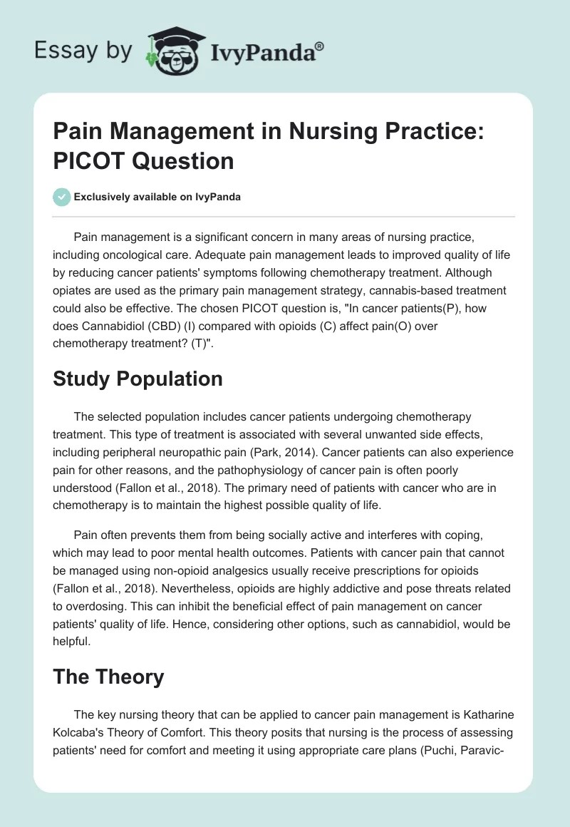 Pain Management in Nursing Practice PICOT Question 601 Words Essay
