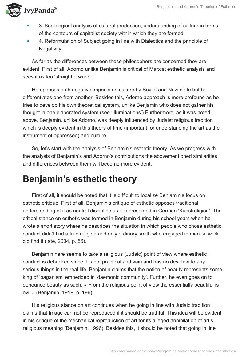 Benjamin's and Adorno's Theories of Esthetics 2582 Words Essay Example