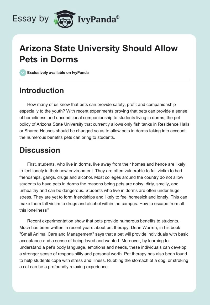 Arizona State University Needs Allow Pets in Dorms 1306 Words Essay