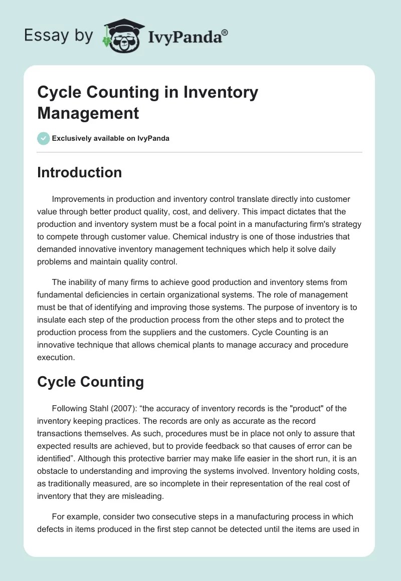 Cycle Counting in Inventory Management 3518 Words Report Example