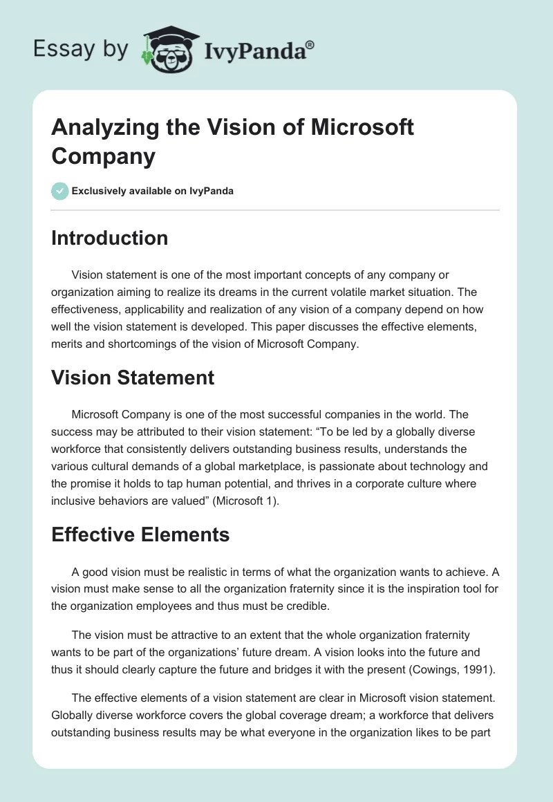 Analyzing the Vision of Microsoft Company 596 Words Essay Example