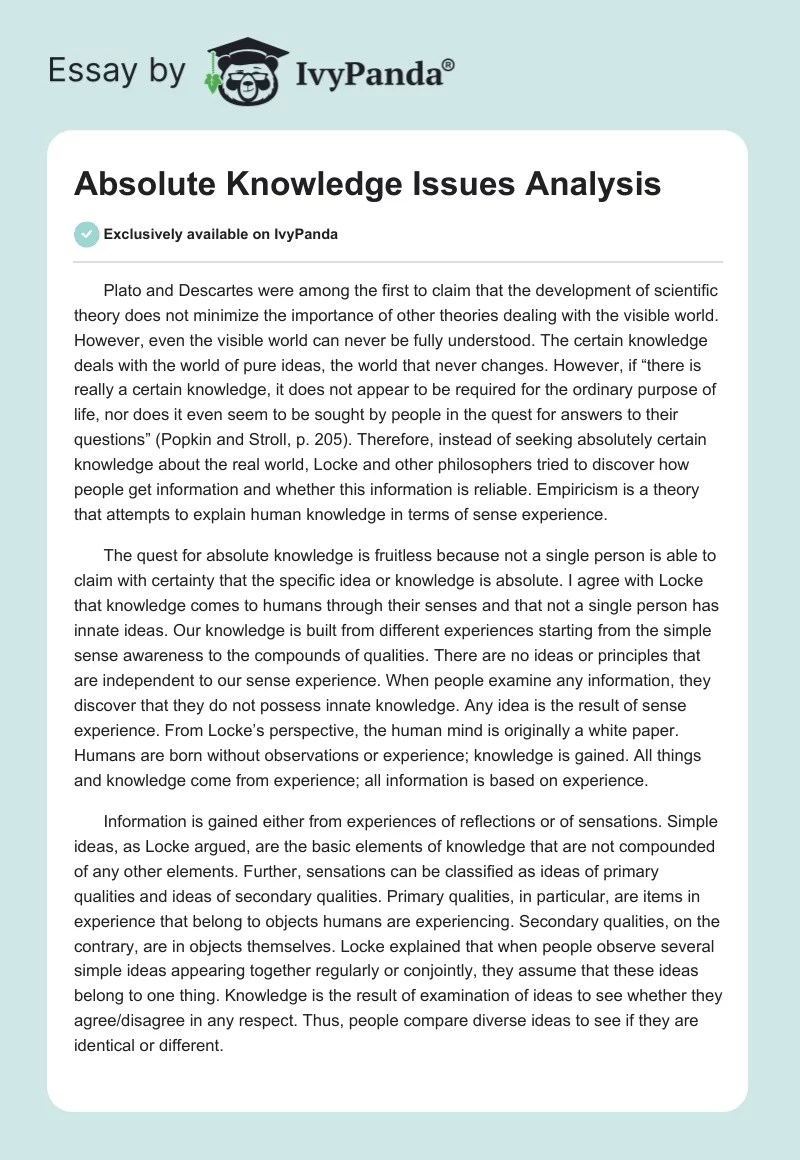 Absolute Knowledge Issues Analysis 640 Words Essay Example