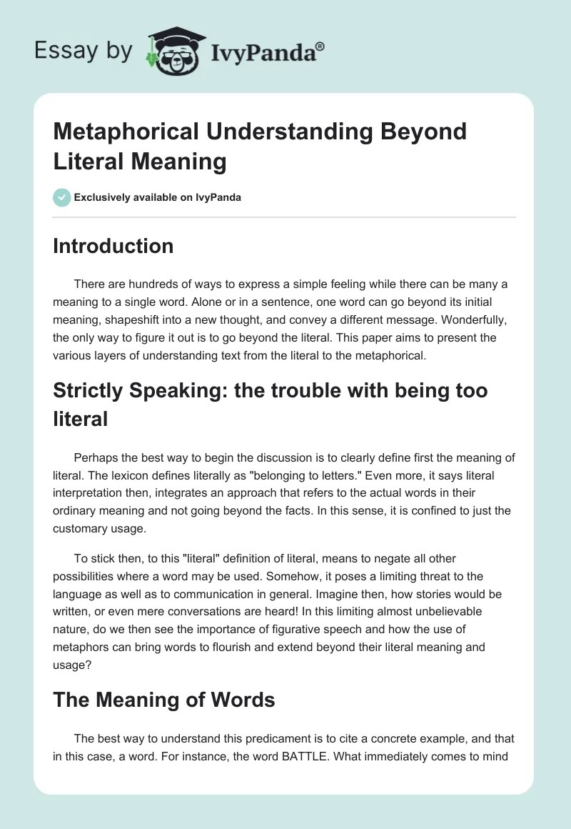 Metaphorical Understanding Beyond Literal Meaning 693 Words Essay