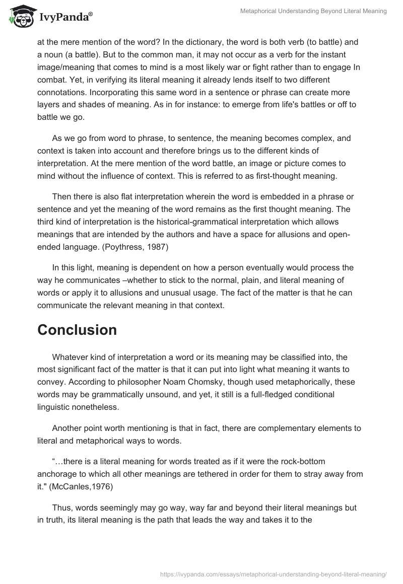Metaphorical Understanding Beyond Literal Meaning 693 Words Essay