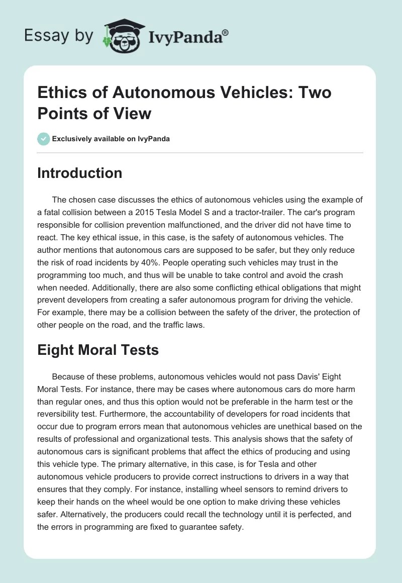 Ethics of Autonomous Vehicles Two Points of View 600 Words Case