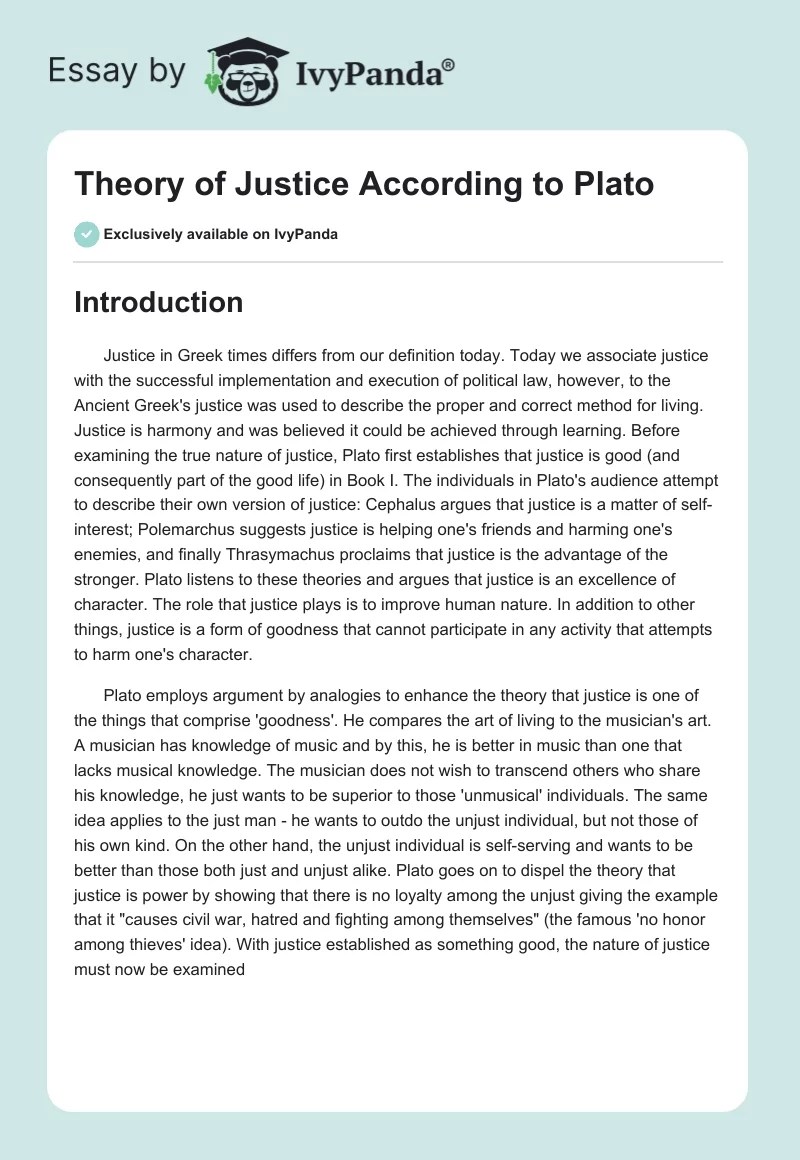 Theory of Justice According to Plato 2465 Words Essay Example