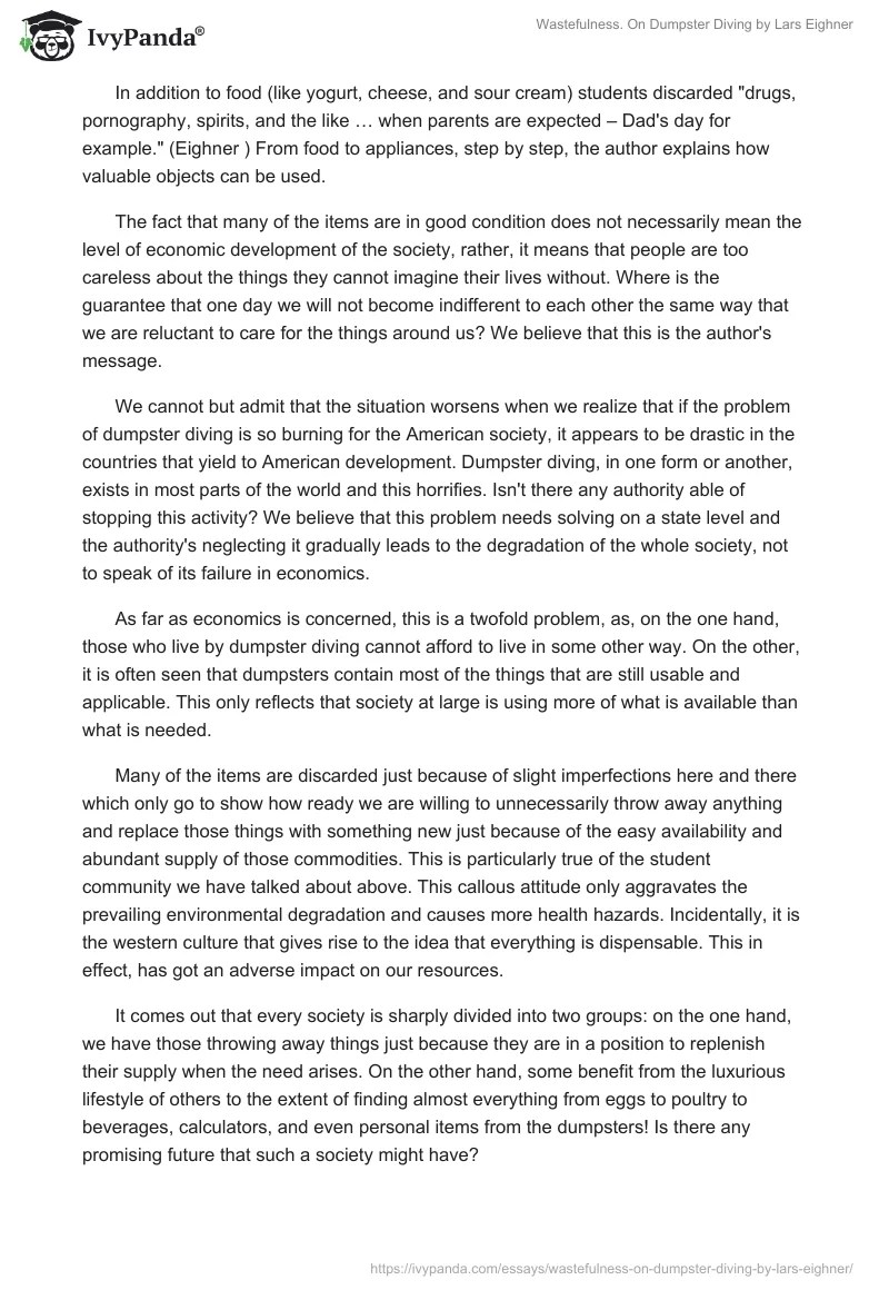 Wastefulness. "On Dumpster Diving" by Lars Eighner 1050 Words Essay
