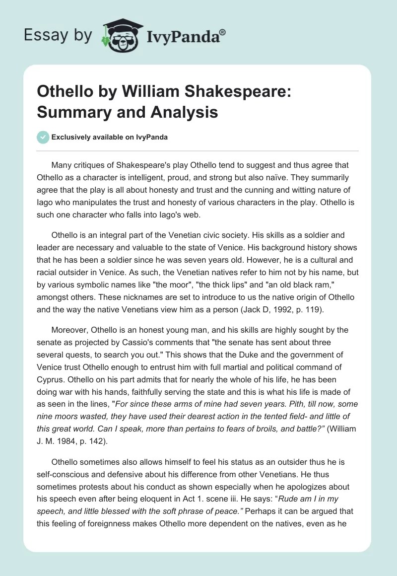 "Othello" by William Shakespeare Summary and Analysis 1920 Words
