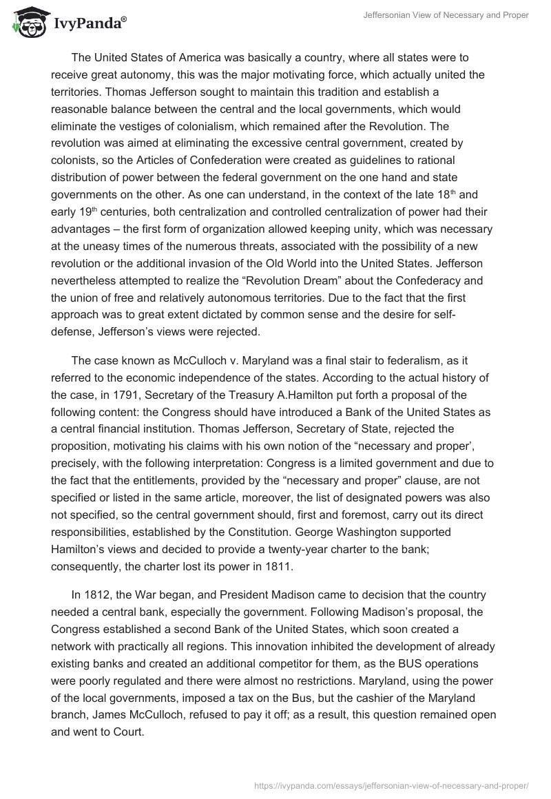 Jeffersonian View of "Necessary and Proper" 1452 Words Essay Example