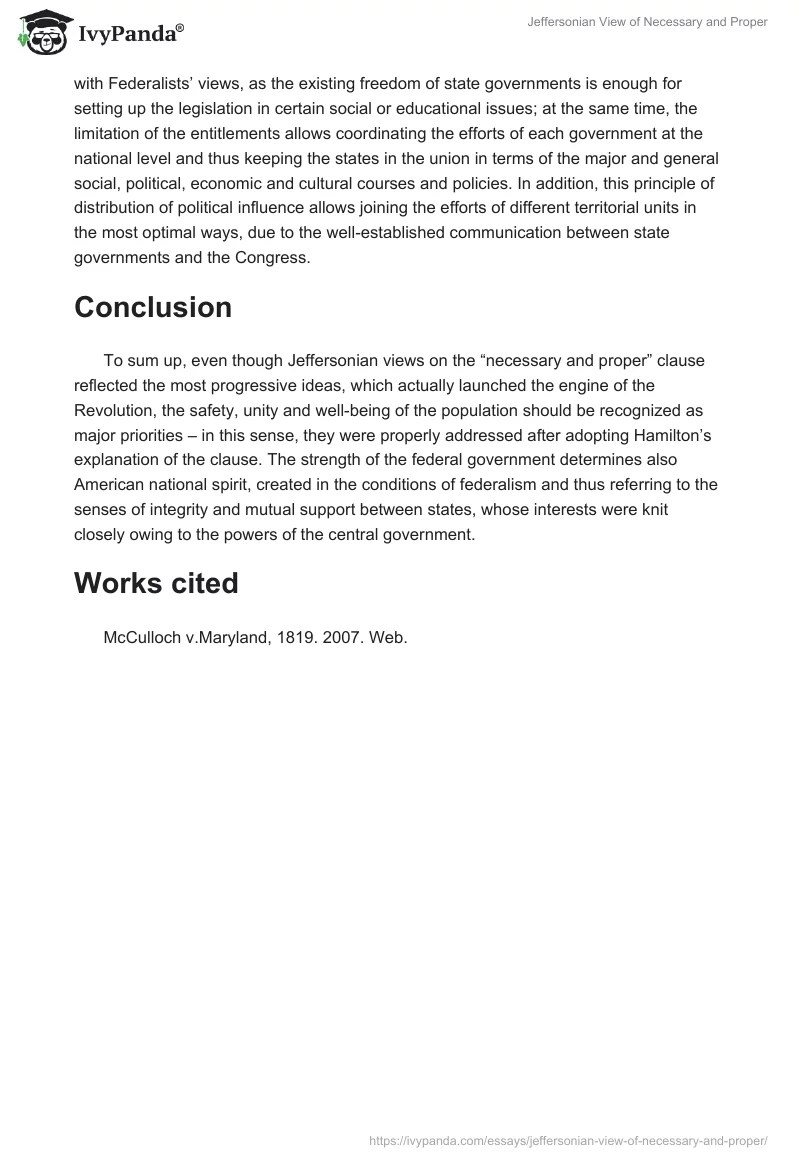 Jeffersonian View of "Necessary and Proper" 1452 Words Essay Example