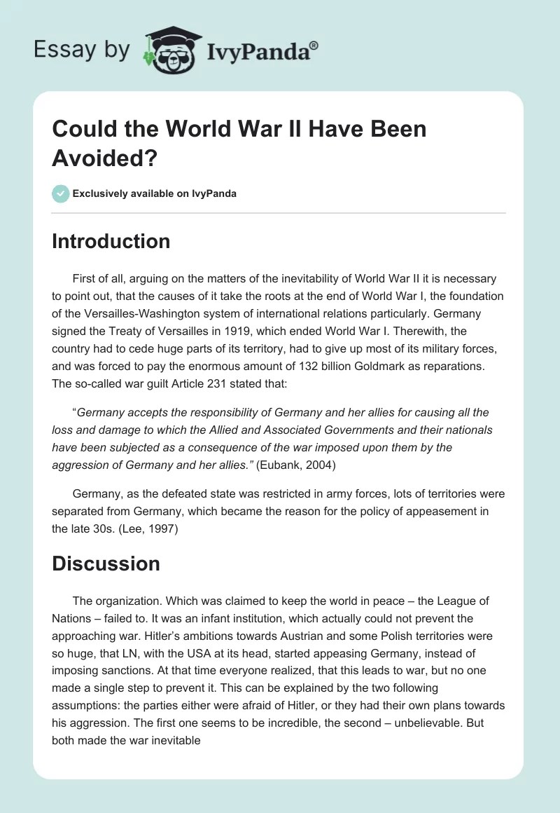 Could the World War II Have Been Avoided? 541 Words Essay Example