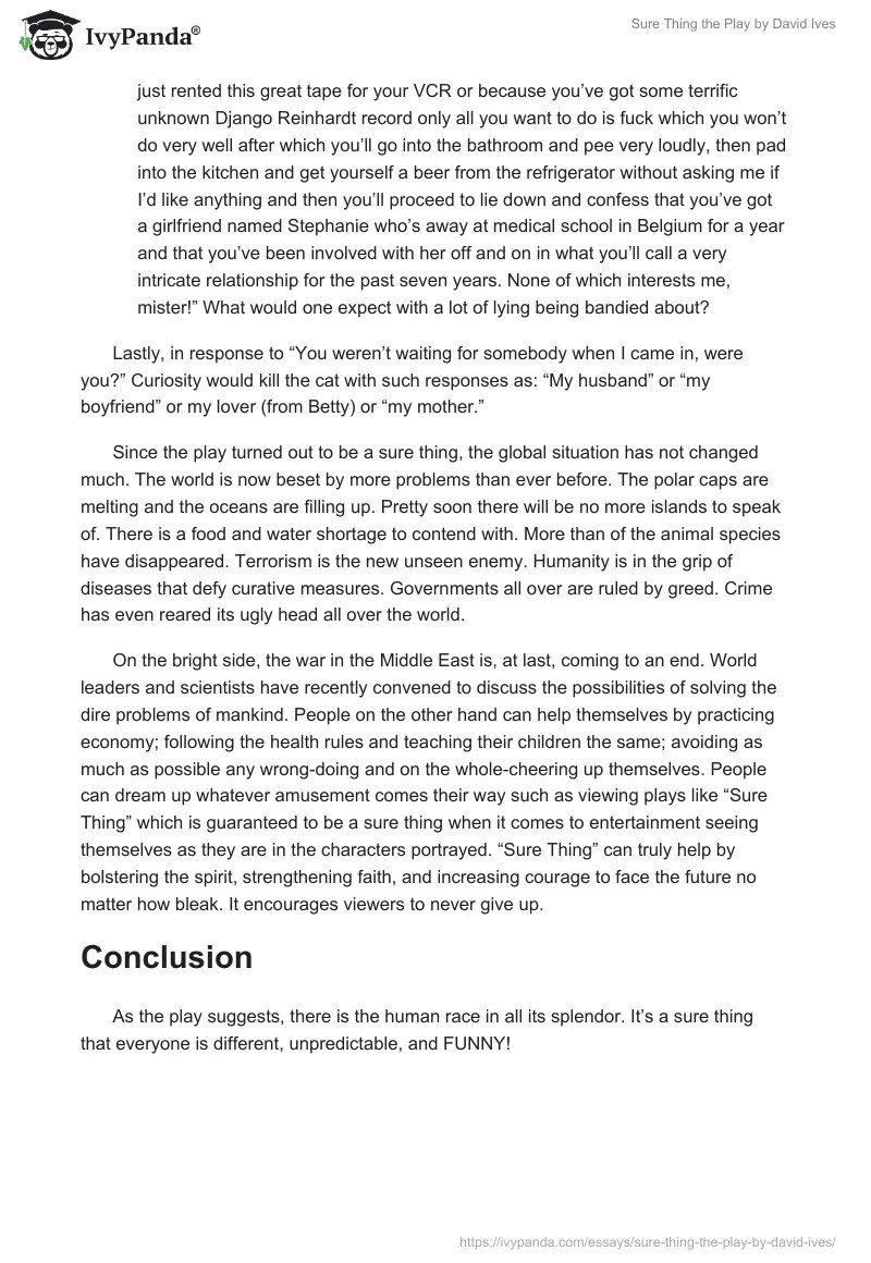 "Sure Thing" the Play by David Ives 1205 Words Essay Example