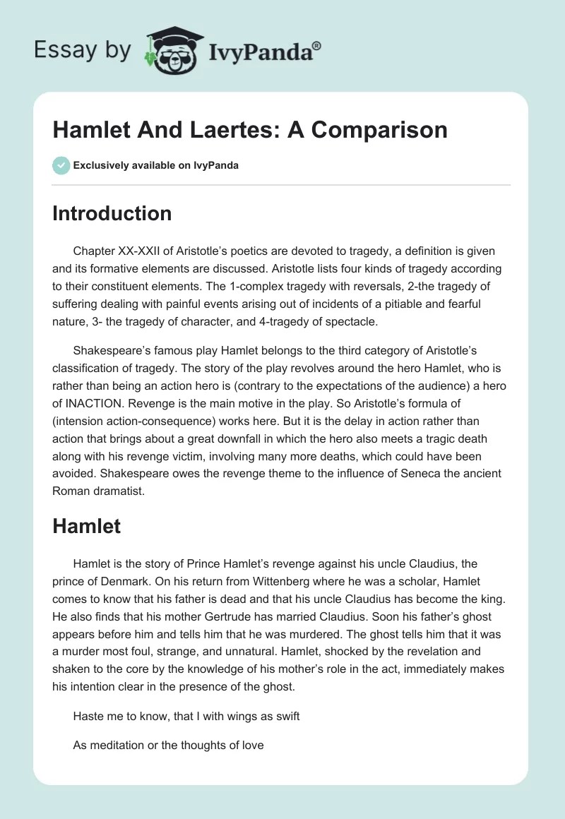Hamlet And Laertes A Comparison 3242 Words Essay Example