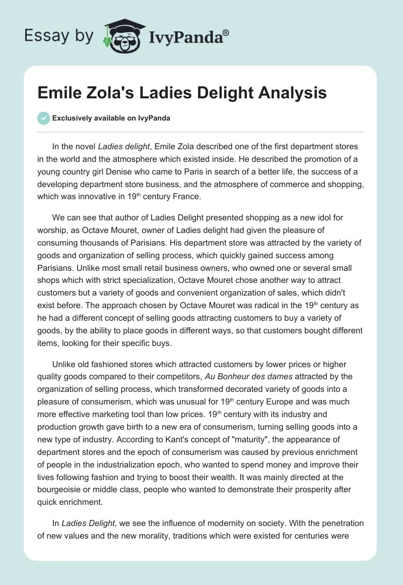 Emile Zola's "Ladies Delight" Analysis 681 Words Essay Example