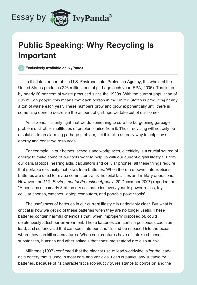Public Speaking. Why Recycling Is Important 1067 Words Essay Example