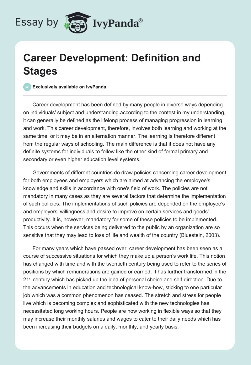 Career Development Definition and Stages 2349 Words Research Paper