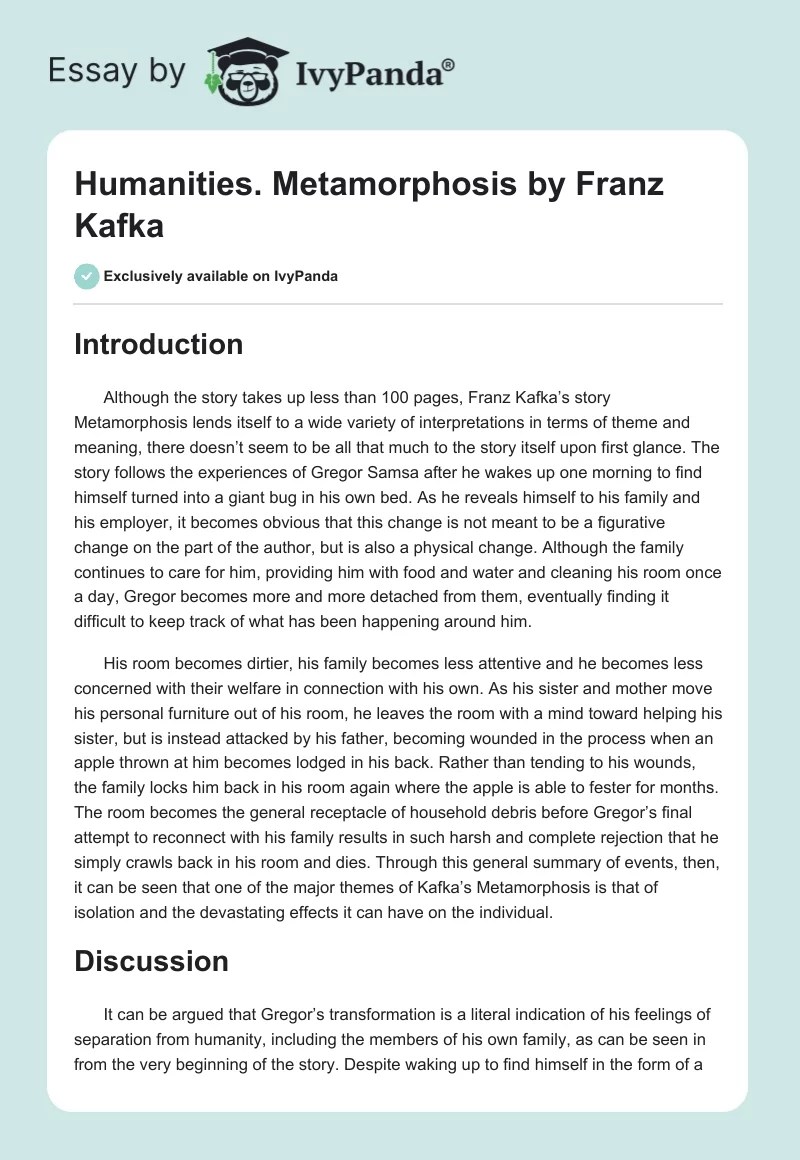Humanities. Metamorphosis by Franz Kafka 2303 Words Research Paper