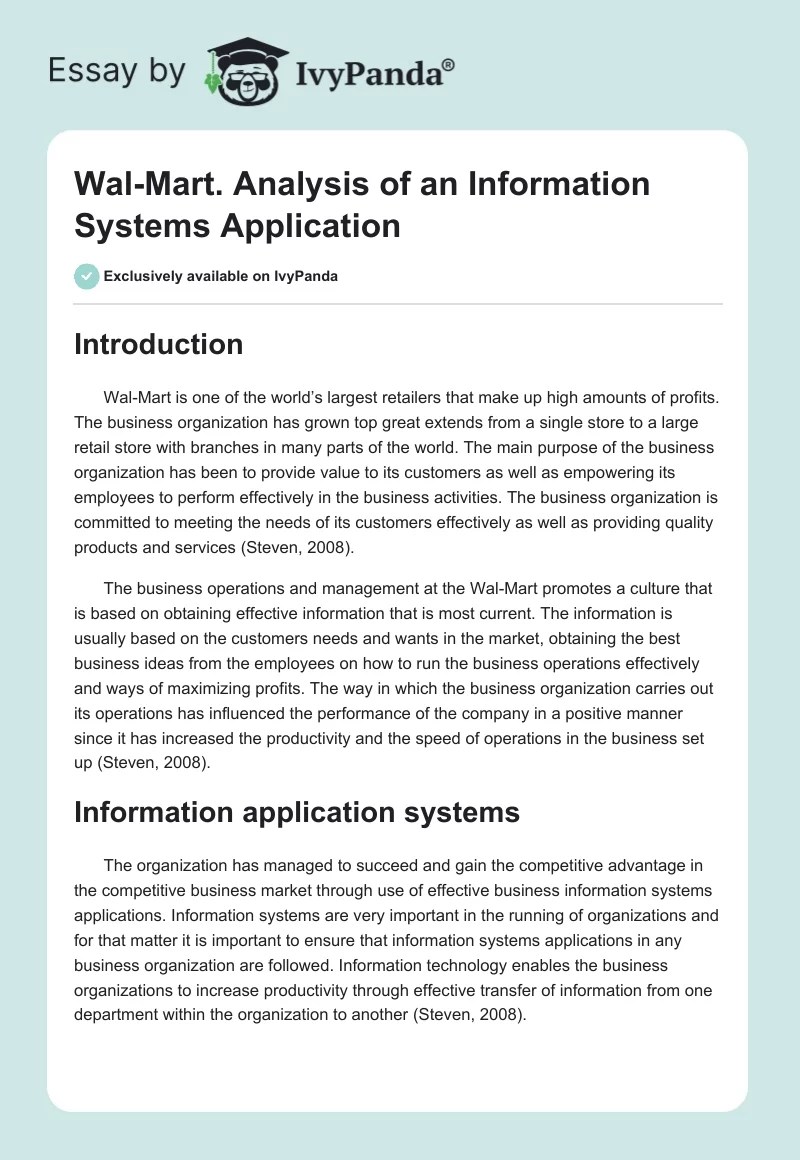 WalMart. Analysis of an Information Systems Application 2339 Words