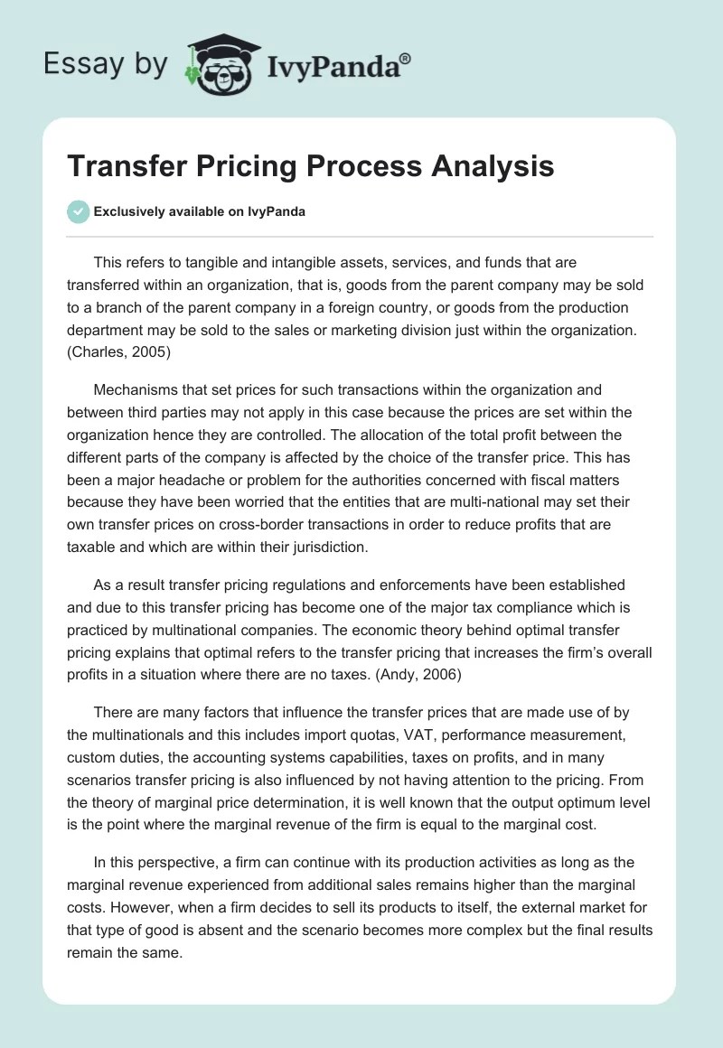 Transfer Pricing Process Analysis 1813 Words Essay Example