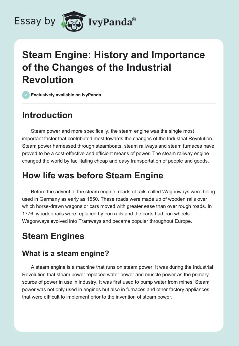 Steam Engine History and Importance 2121 Words Report Example