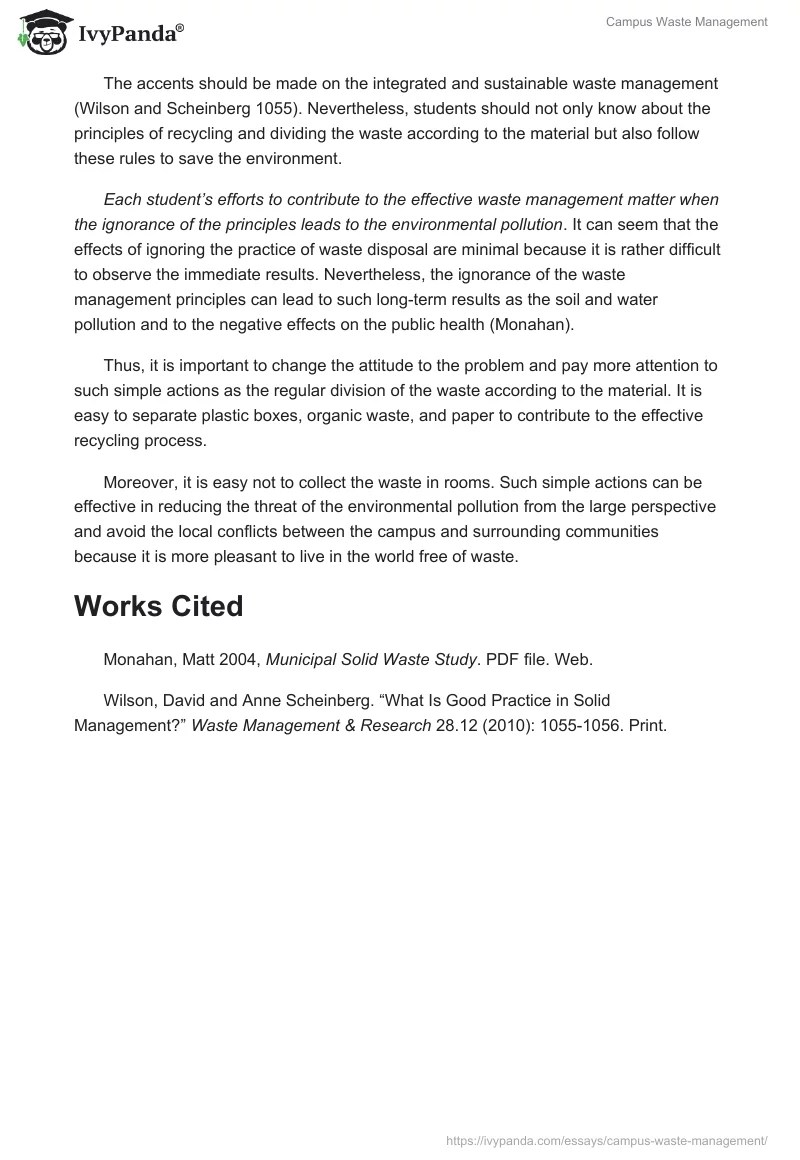 Campus Waste Management 561 Words Essay Example