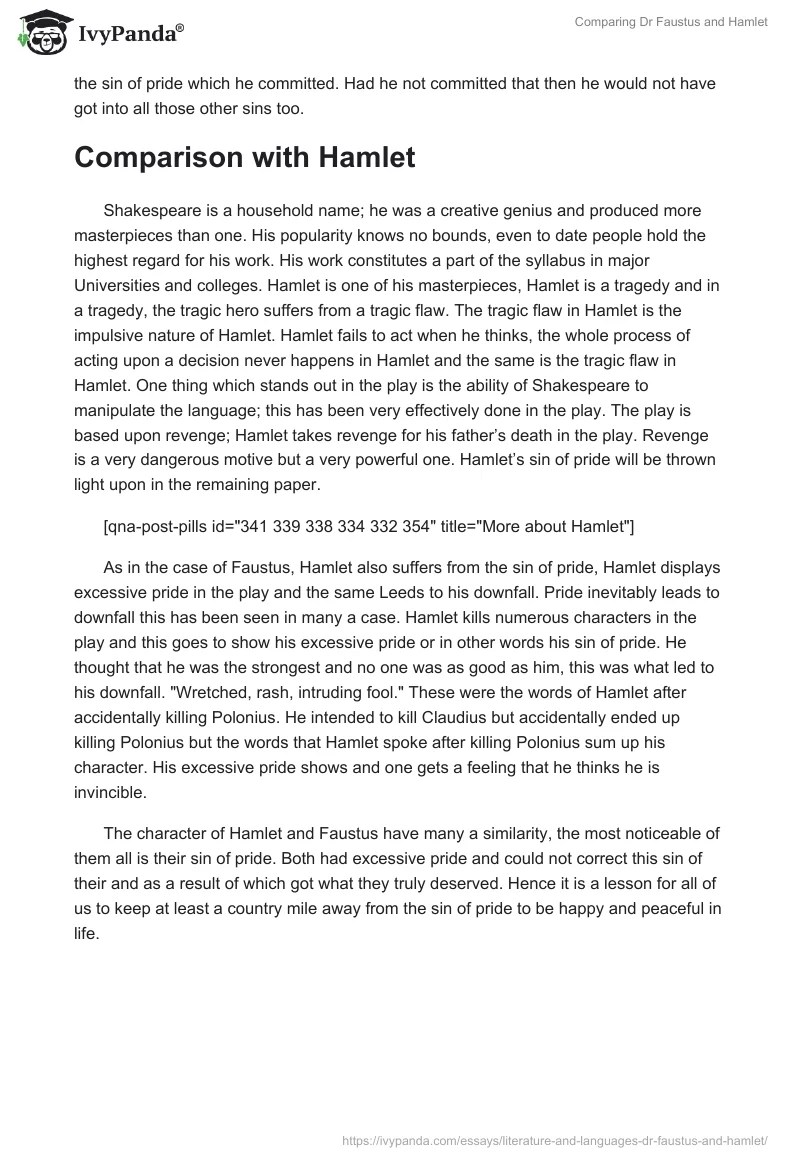 Literature and Languages. Dr Faustus and Hamlet 783 Words Essay Example