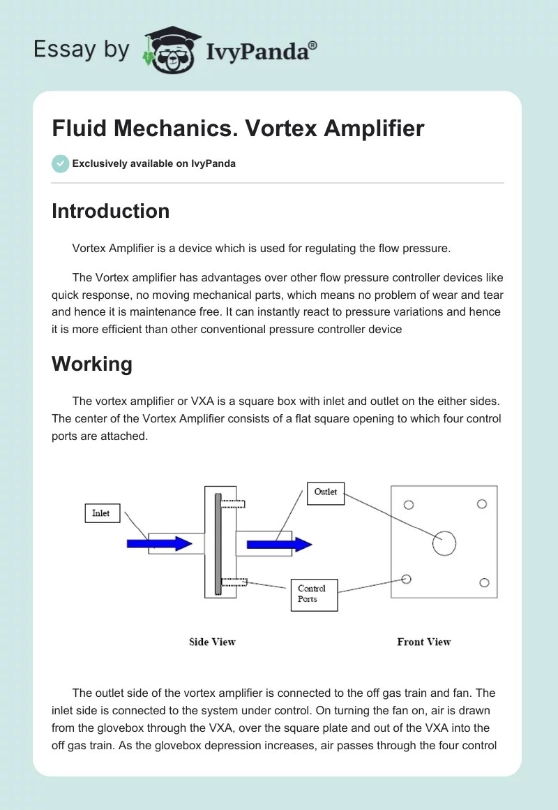 Fluid Mechanics. Vortex Amplifier 417 Words Research Paper Example