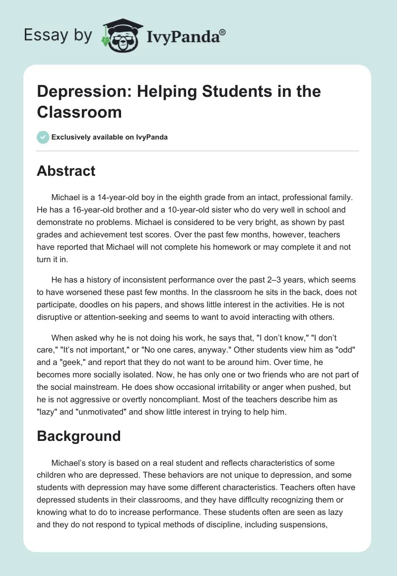 Depression Helping Students in the Classroom 2187 Words Essay Example
