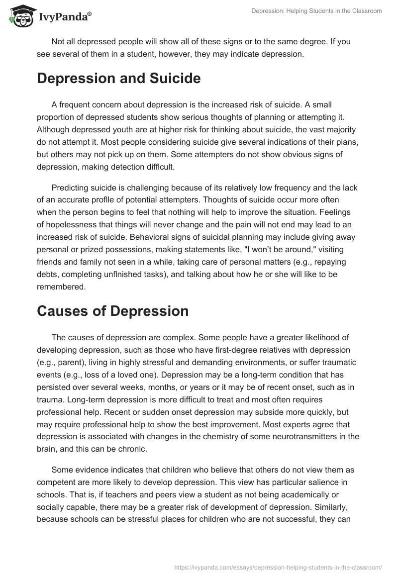 Depression Helping Students in the Classroom 2187 Words Essay Example
